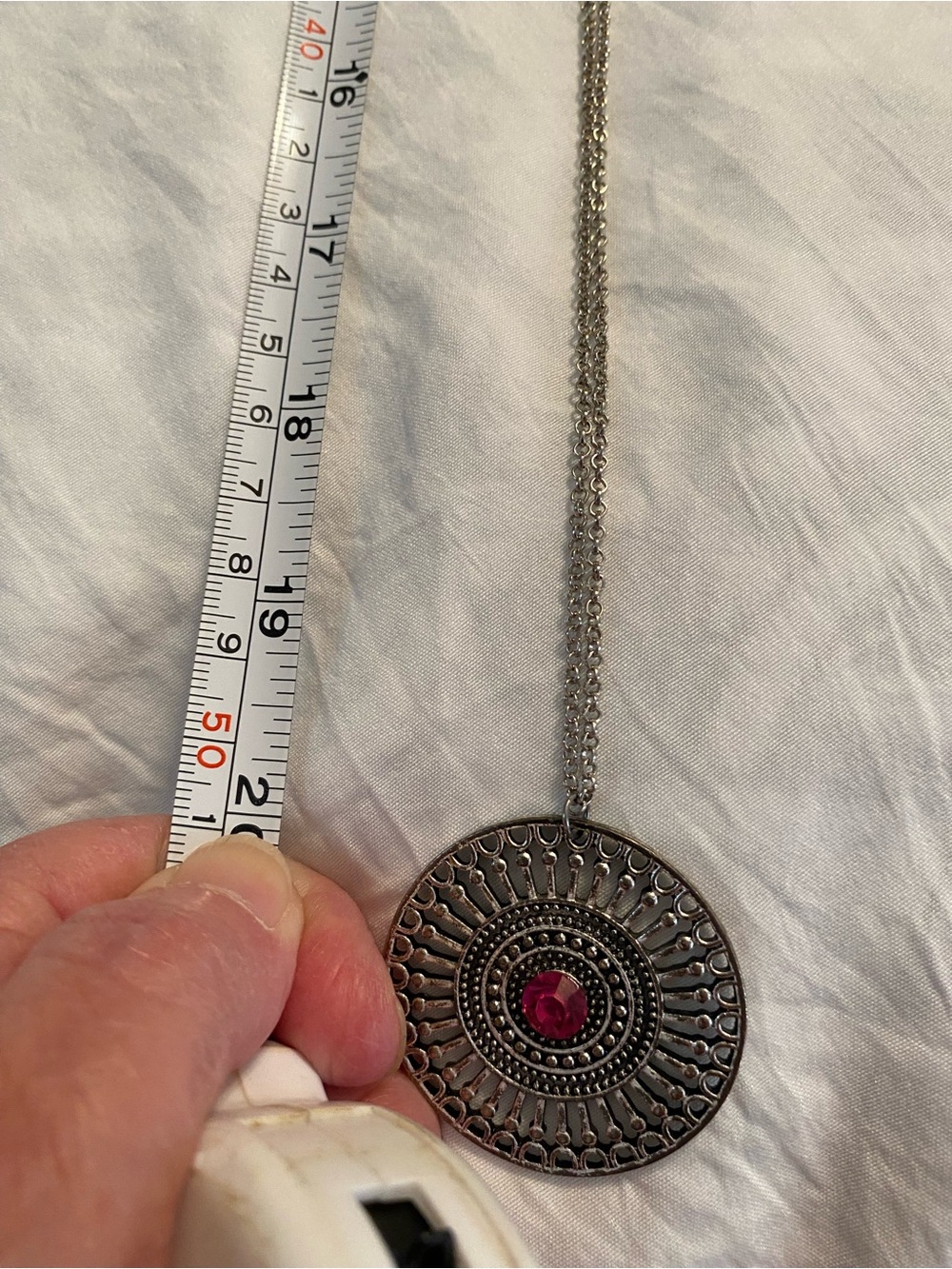 Silver-Tone Round Pendant Necklace with Pink Center Stone